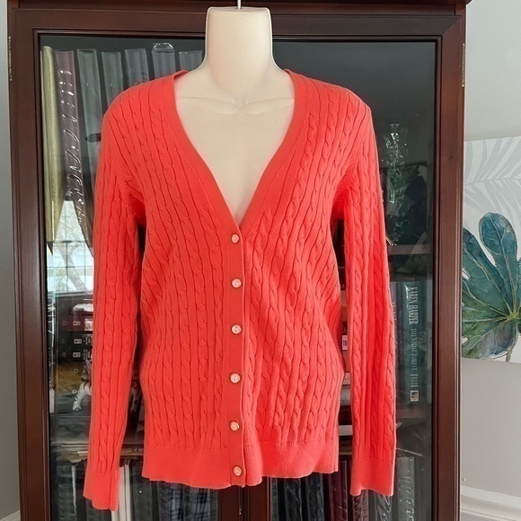 Lands' End Sweaters - Land’s End XS Cable Knit Sweater V-Neck Coral Orange Orange Melon Like New